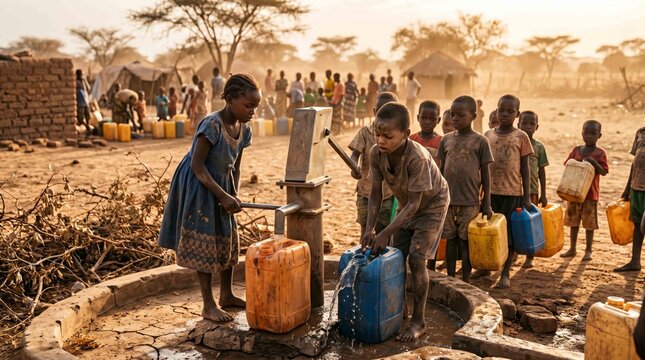 Young children collect vital water from a hand pump in a dry rural African community landscape at sunset