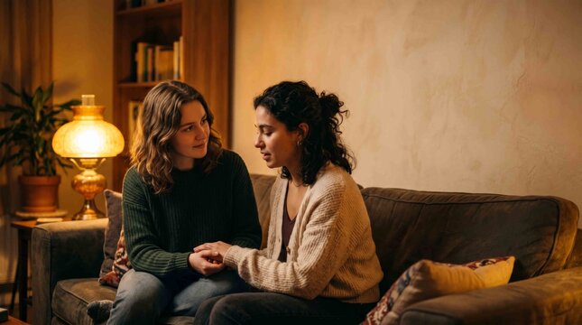 Two women seated on a sofa in a warm dimly lit room having a serious and intimate conversation