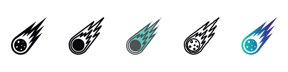Collection of stylized comet icons with fiery tails in various colors and styles © Vova7