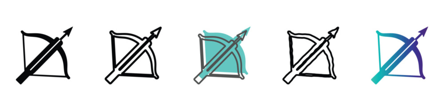 Collection of stylized crossbow icons with arrows, representing different design styles