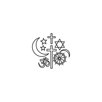 Minimalist line art illustration of diverse world religion symbols