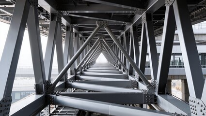Naklejka premium Abstract Industrial Steel Framework Background, Geometric Metal Structure Pattern and Structural Engineering Architecture