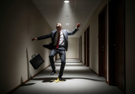 A businessman in a suit losing his balance after stepping on a banana peel in a dimly lit office hallway, with his briefcase flying through the air