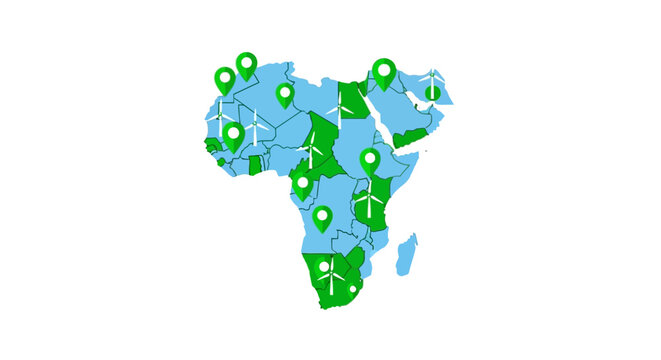Map of Africa and Middle East with Wind Turbines and Location Pins for Renewable Energy Concept