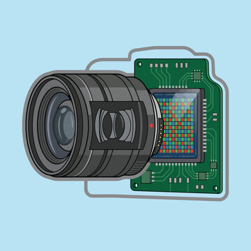 Technical illustration of a camera lens and digital image sensor