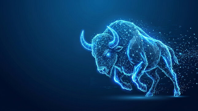 Futuristic Glowing Blue Charging Bull Wireframe Digital Illustration