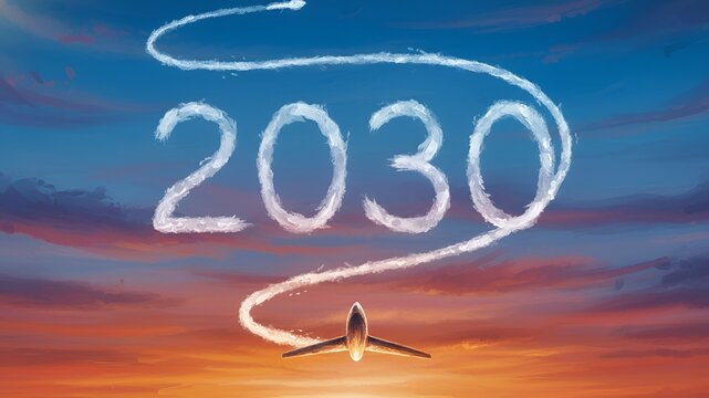 Jet plane flying through 2030 shaped clouds above a city at sunset, future travel goals, urban development, progress vision