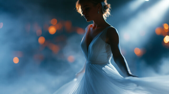 Beautiful bride dancing on her wedding day amid heavy atmospheric smoke, dramatic toned and blurred artistic effect, first dance concept photography, cinematic wedding moment,