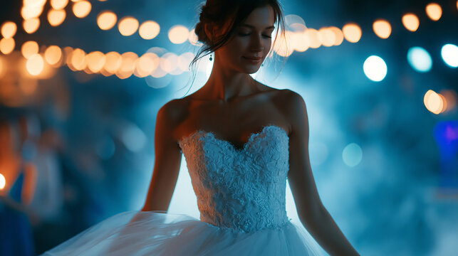 Beautiful bride dancing on her wedding day amid heavy atmospheric smoke, dramatic toned and blurred artistic effect, first dance concept photography, cinematic wedding moment,