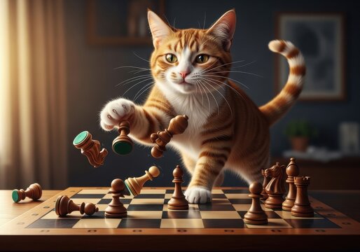 A playful ginger tabby cat knocking over wooden chess pieces on a chessboard