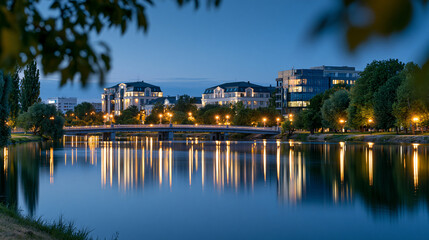 Fototapeta premium Evening view of a city park with elegant buildings and a bridge reflected perfectly in a tranquil lake, soft twilight atmosphere, defocused park foliage in foreground, urban lake