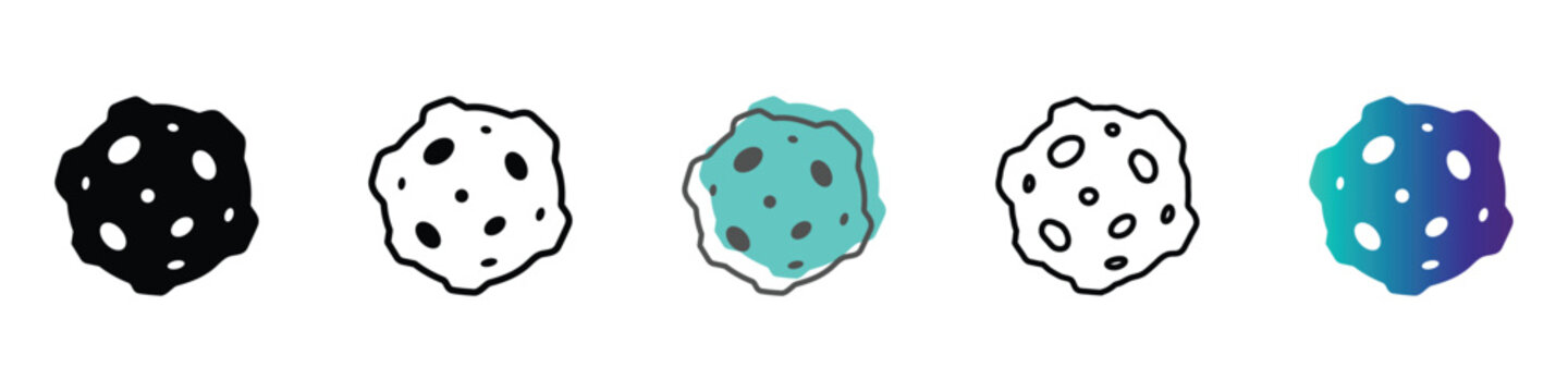 Collection of asteroid icons in various styles and colors for space exploration themes