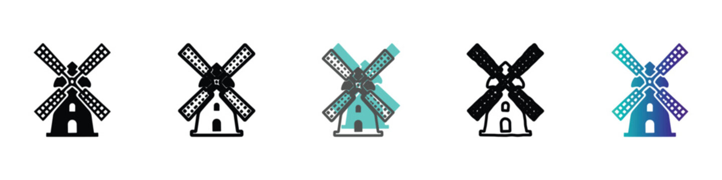 Collection of windmill icons in various styles and colors