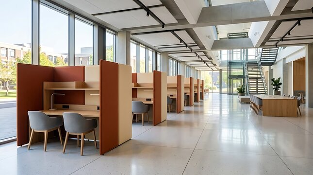Modern university library interior featuring private wooden study pods and minimalist seating in a bright open learning workspace