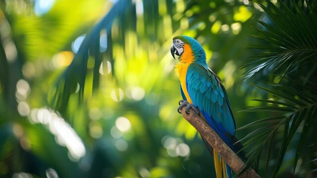 Ara with colorful bright plumage parrot on a tropical tree branch in the rainforest