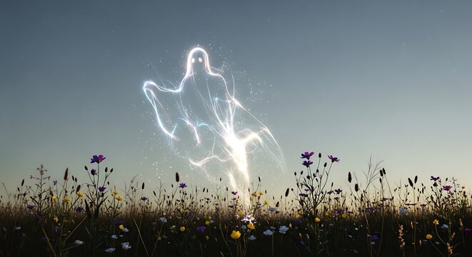 Ethereal Glowing Ghost Figure in Nature Field.
