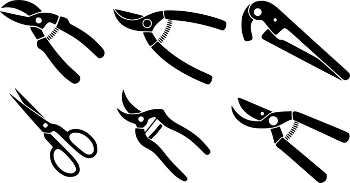 Set of black garden pruner icons and pruning shears vector symbols, featuring various clippers, scissors, and secateurs used for cutting branches, trimming plants, and gardening work.