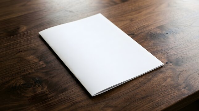 Blank white brochure or booklet cover mockup on wooden table background