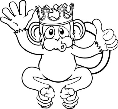 A monkey king cute happy cartoon character animal wearing a crown waving and giving a thumbs up
