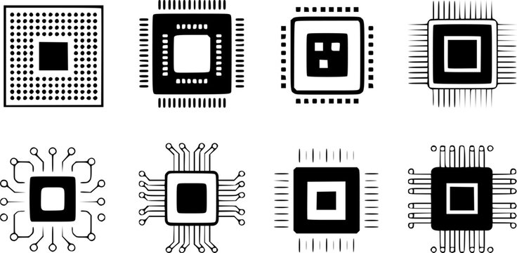 Set of minimalist black microchip icons and CPU vector symbols representing central processing units, electronic semiconductor components, computer circuit hardware, and micro technology.