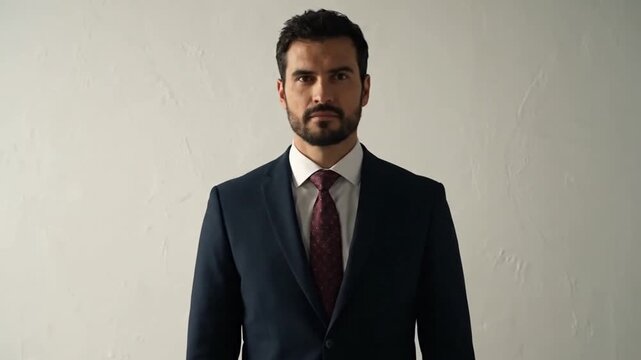 A professional businessman stands against a neutral textured wall
