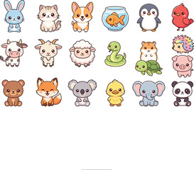 Obraz premium Cute Kawaii Baby Animal Collection with Rabbit Cat Dog Fish Penguin Cow Sheep Snake Turtle Elephant and Panda Vector Illustration Set