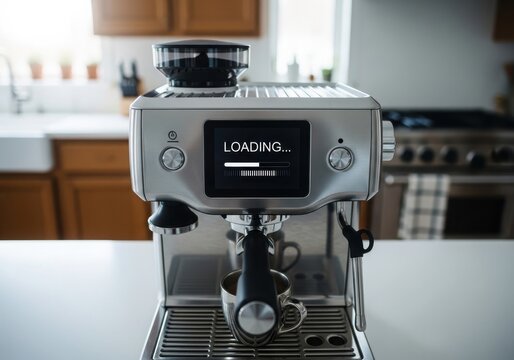 Modern stainless steel espresso machine with a digital loading screen display on a kitchen countertop