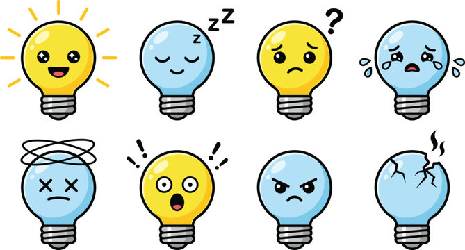 Cute Kawaii Light Bulb Character Set with Various Emotions Including Happy Sleepy Sad Angry and Broken Vector Illustration