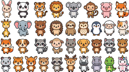 Fototapeta premium Cute Kawaii Baby Animal Collection with Wild and Domestic Characters Including Lion Panda Fox Unicorn Vector Illustration Set