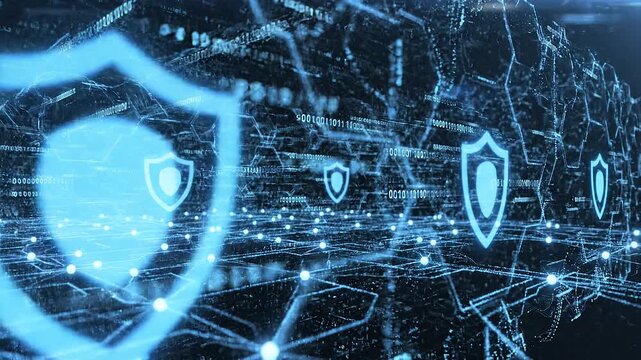 Glowing blue digital security shields in network grid