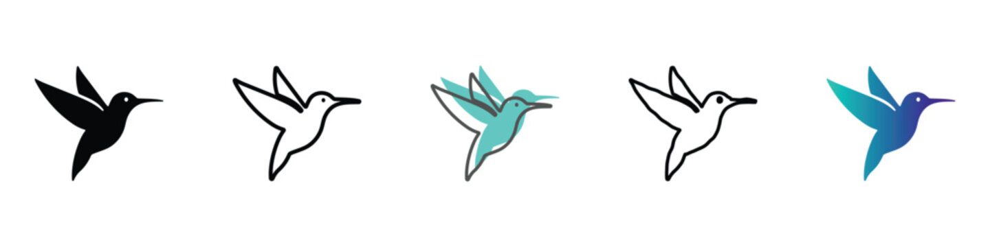 Collection of stylized hummingbird icons in various artistic representations
