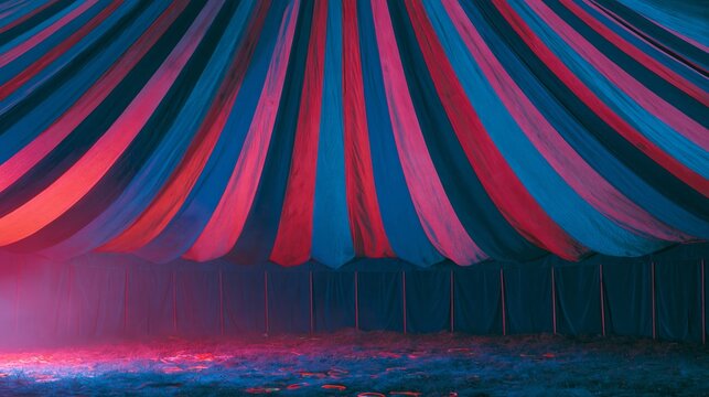 Striped circus tent interior featuring vibrant red and blue fabric drapes with a spacious floor area illuminated by soft lighting effects