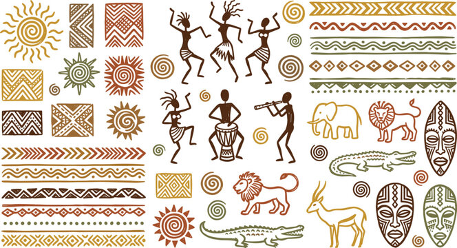 African Tribal Art Collection with Traditional Patterns Dancing Figures Animals Sun Symbols and Ethnic Mask Decorative Vector Illustration Set