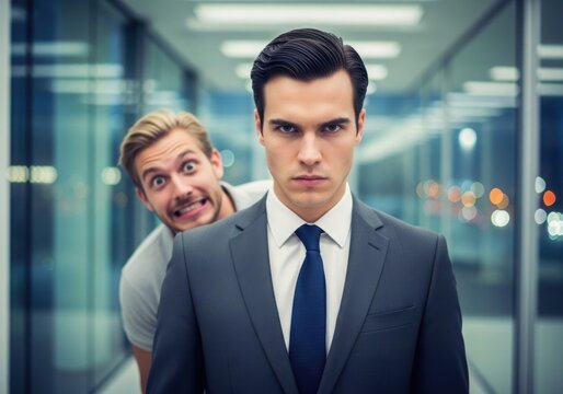 A serious businessman in a suit standing in a modern office hallway while a playful man with a funny expression peeks out from behind him