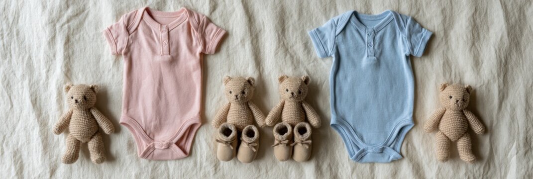 Two matching tiny onesies in blush and blue are placed side by side with booties and teddy bears on cream fabric for a twin announcement.