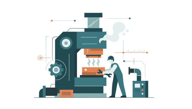 Industrial worker using a wrench to repair a steaming metal press machine in a workshop with technical diagrams for maintenance and engineering tasks.