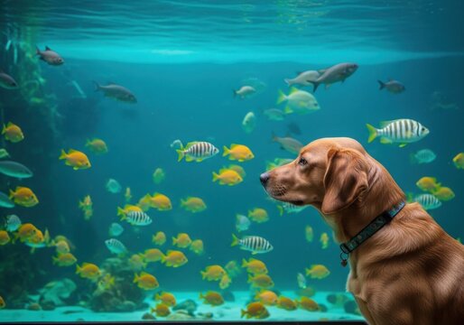 A curious brown dog watching colorful fish swimming in a large aquarium tank