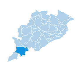 Obraz premium Koraput district highlighted in blue on Odisha state map with light blue theme