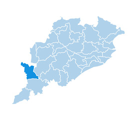 Fototapeta premium Nabarangapur district highlighted in blue on Odisha state map with light blue theme