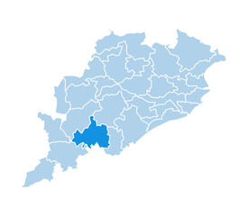 Fototapeta premium Rayagada district highlighted in blue on Odisha state map with light blue theme
