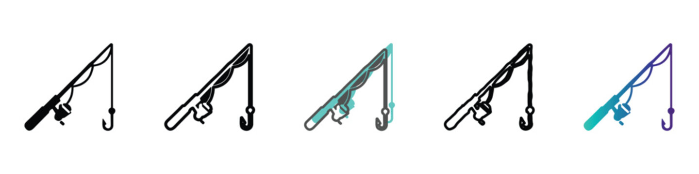 Fishing rod with reel and hook, simple line art and gradient icons