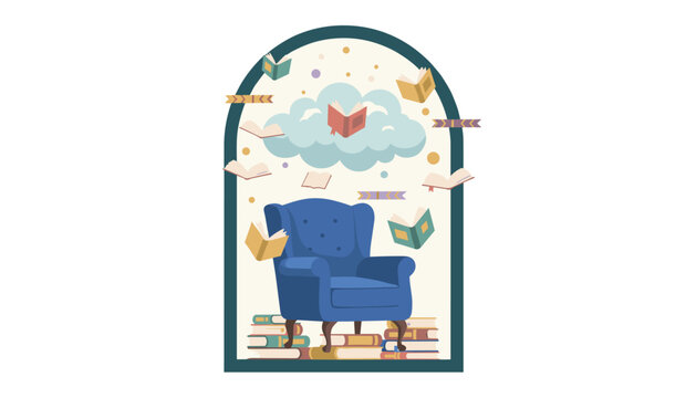 Literature study space featuring blue armchair and flying books with cloud inside arched window for creative writing and educational reading atmosphere.