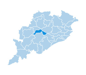 Obraz premium Baudh district highlighted in blue on Odisha state map with light blue theme