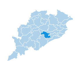 Fototapeta premium Nayagarh district highlighted in blue on Odisha state map with light blue theme