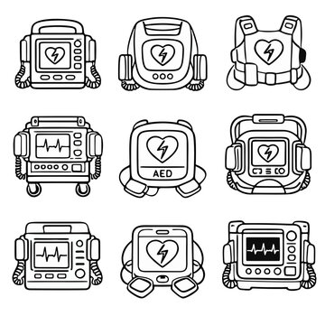 Automated External Defibrillator AED medical device illustration set