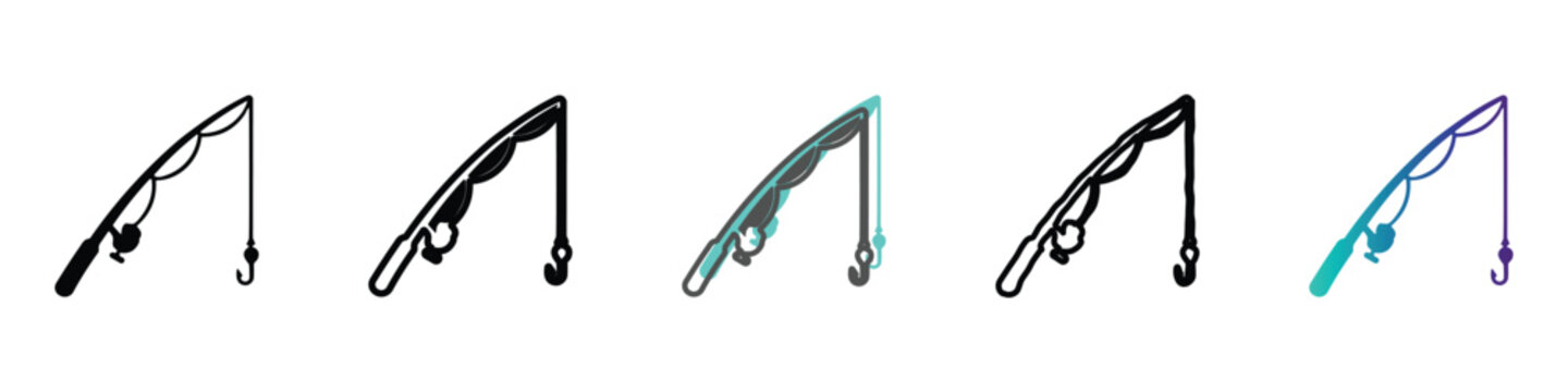 Fishing rod with hook and reel, simple line art and gradient designs