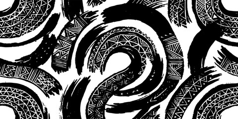 A striking monochrome pattern featuring bold, abstract brush strokes interwoven with intricate tribal-inspired geometric designs. © GREENPIXEL Art