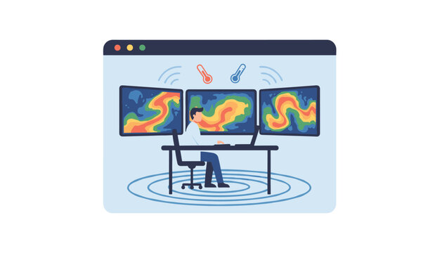 Professional working at a desk with three computer monitors displaying colorful heat maps for temperature monitoring, climate data analysis, and research.