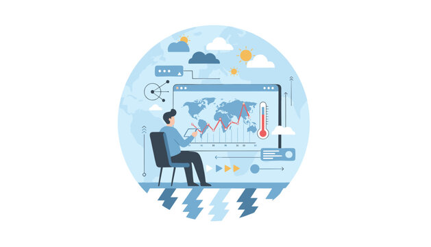 Analyst monitors global temperature trends on a digital screen displaying a world map and a rising heat graph for climate change research and environmental data tracking.
