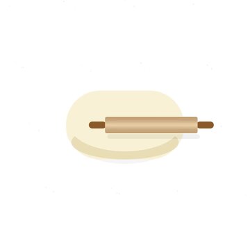 Flat vector animation of a wooden rolling pin on fresh pastry dough
